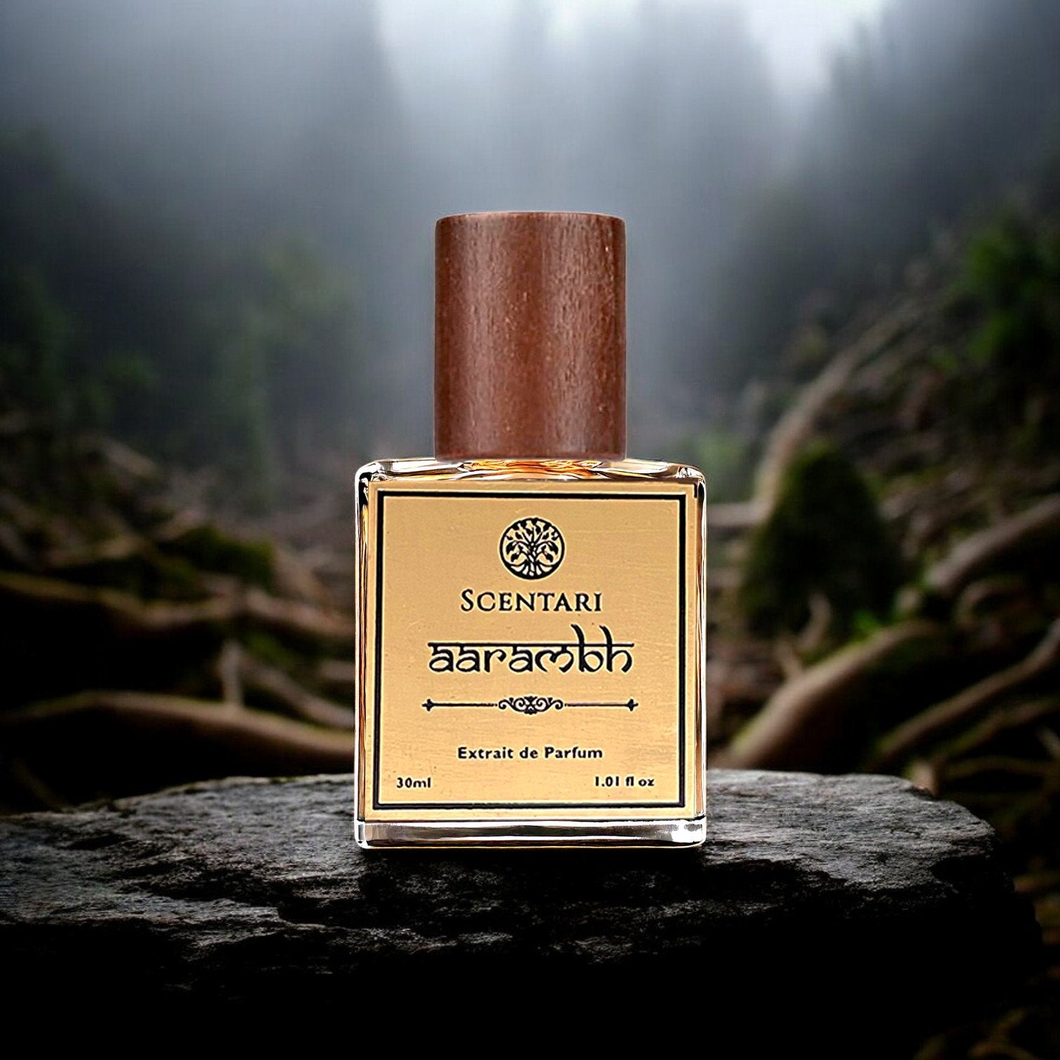 Firefly perfume bottle standing straight with wooden cap cylindrical, front view, bottle filled with (1)-Photoroom
