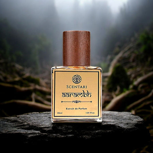 Firefly perfume bottle standing straight with wooden cap cylindrical, front view, bottle filled with (1)-Photoroom